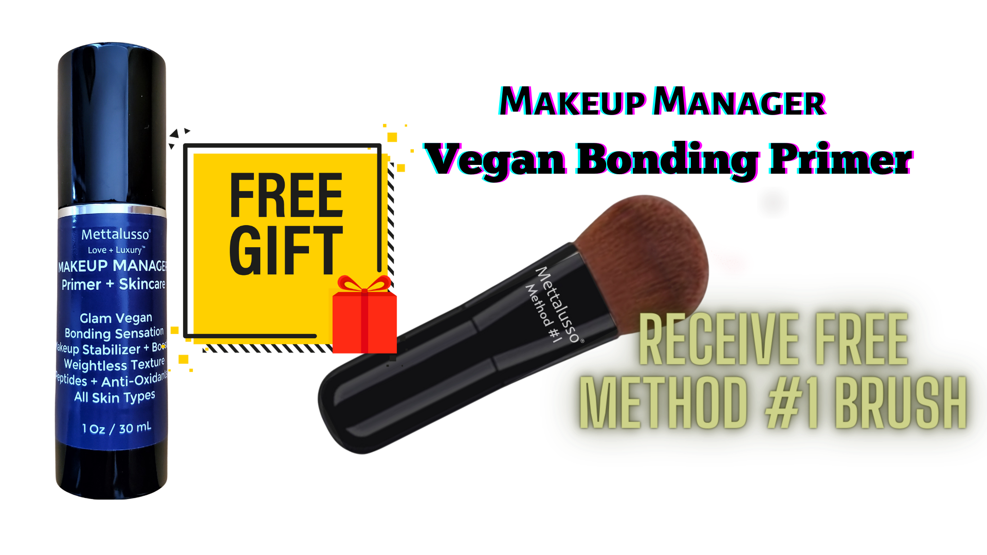 Mettalusso giveaway with free gift of method #1 makeup brush with each purchase of Makeup Manager Vegan Bonding Primer