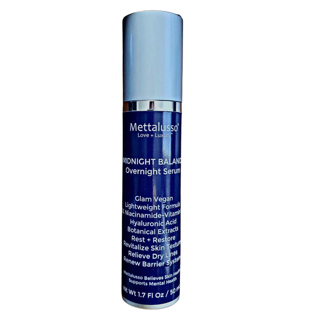 Midnight Balance Vegan Overnight Serum by Mettalusso Niacinamide and Hyaluronic Acid get great skin results literally overnight for both women and men