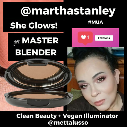 Mettaluso Influencer and Makeup Artist Martha Stanley Uses MASTER BLENDER Vegan and Clean Beauty Illuminating Pressed Powder