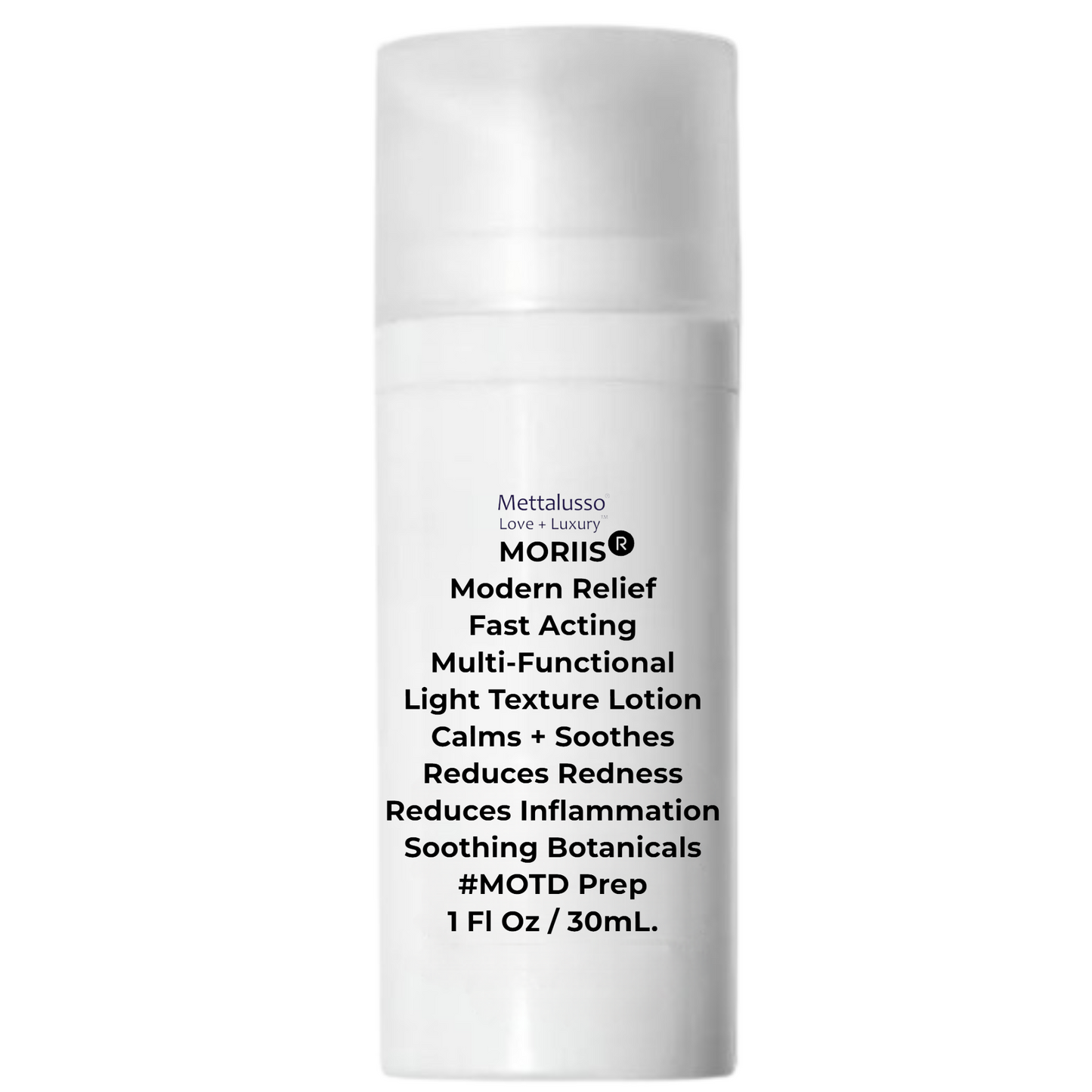 Mettalusso MORIIS vegan OTC Modern Relief  Lotion acts instant calming but very gentle soothes for anti inflammation redness and itching as a lightweight lotion for sensitive skin women and men