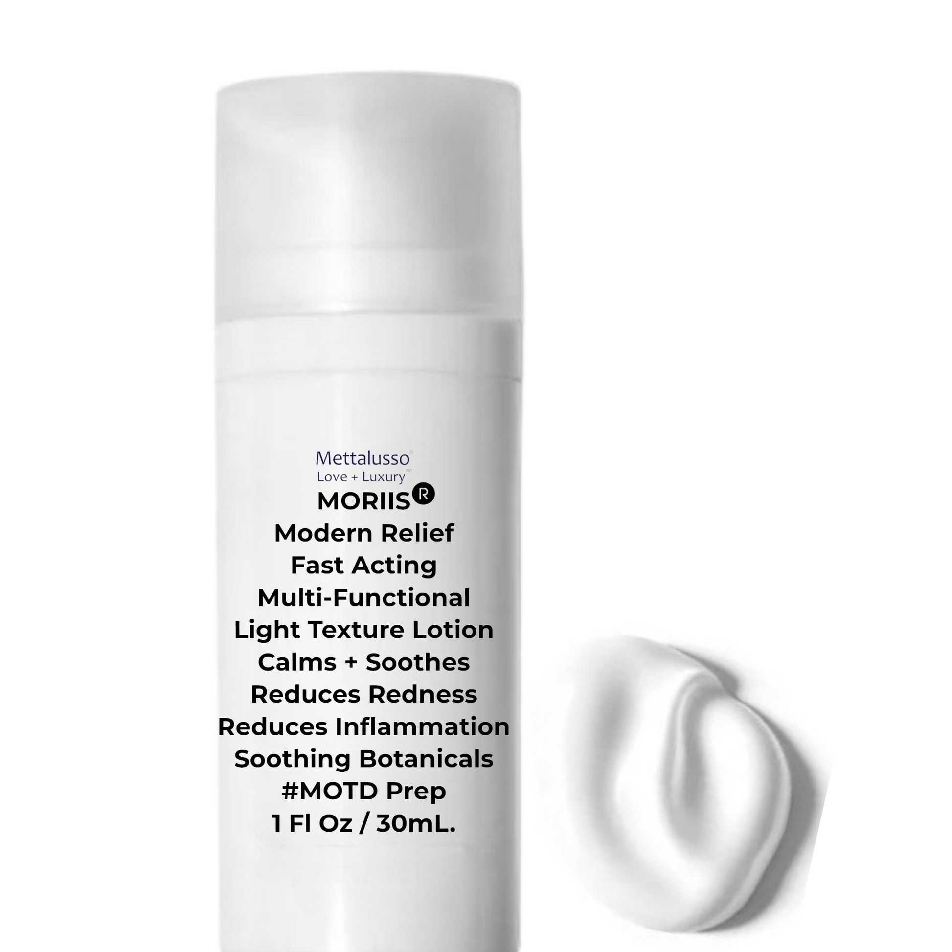 Mettalusso MORIIS vegan OTC Modern Relief  Lotion acts instant calming but very gentle soothes for anti inflammation redness and itching as a lightweight lotion for sensitive skin women and men