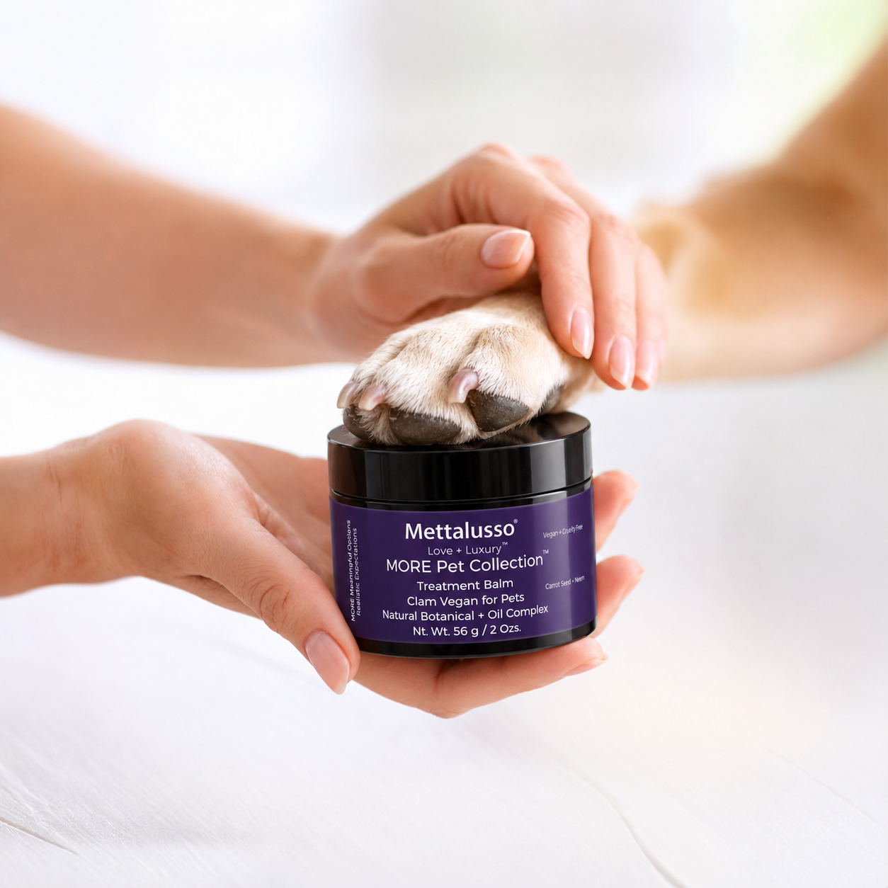 Mettalusso Pet Care healing and protecting nourishing Balm all vegan natural oil, vitamin and botanical non-gmo complex for paws, tummy, ears and affected skin areas.
