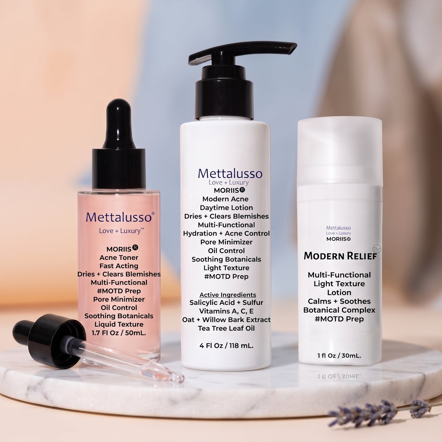 The Mettalusso MORIIS Collection of OTC skincare for acne shave bumps and contact dermatitis.