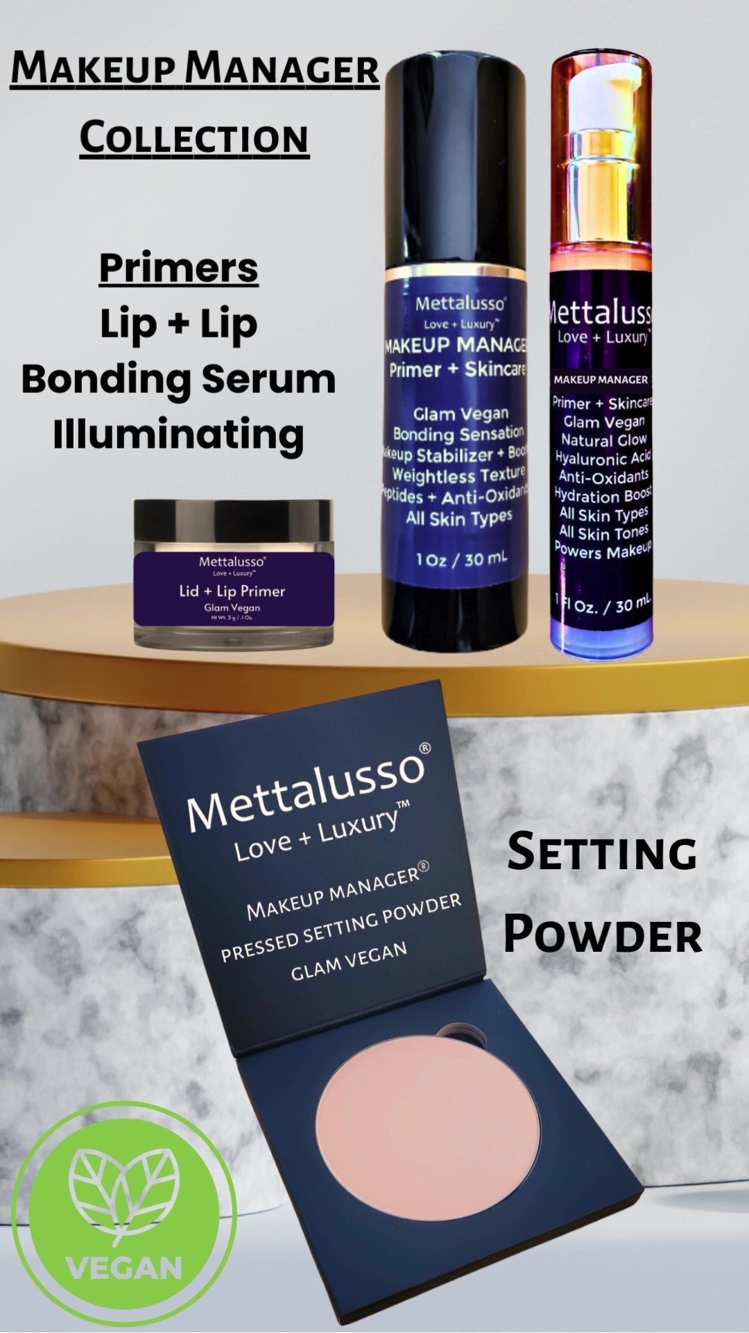 Mettalusso makeup manager vegan primer skincare and setting powder collection now thirty percent off on sale now