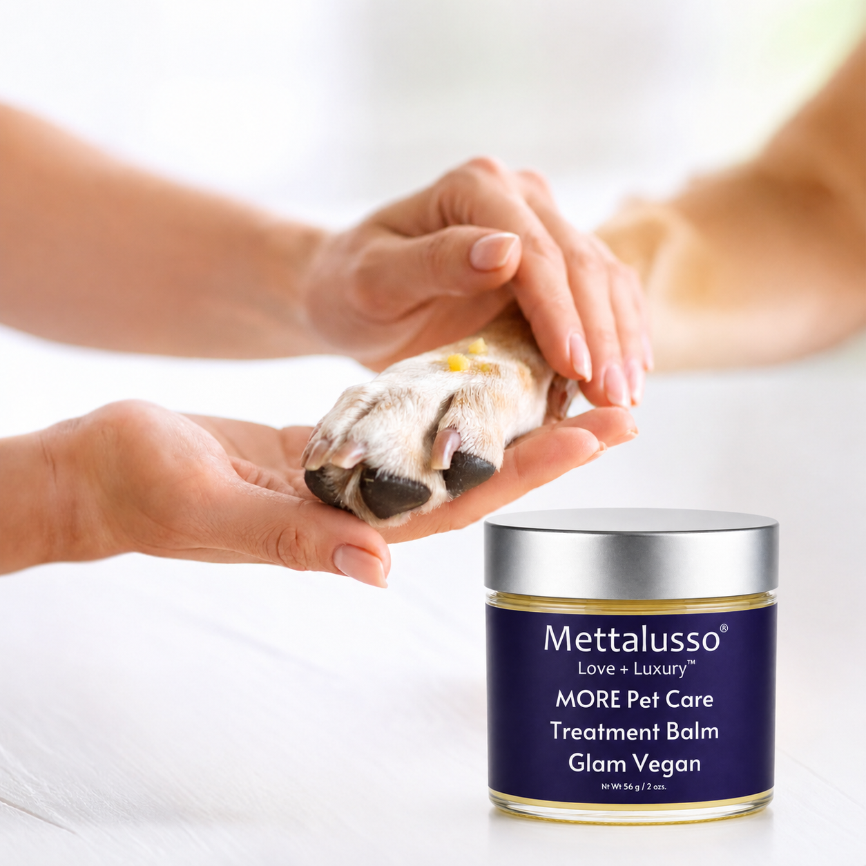 Mettalusso Pet Care healing and protecting nourishing Balm all vegan natural oil, vitamin and botanical non-gmo complex for paws, tummy, ears and affected skin areas.