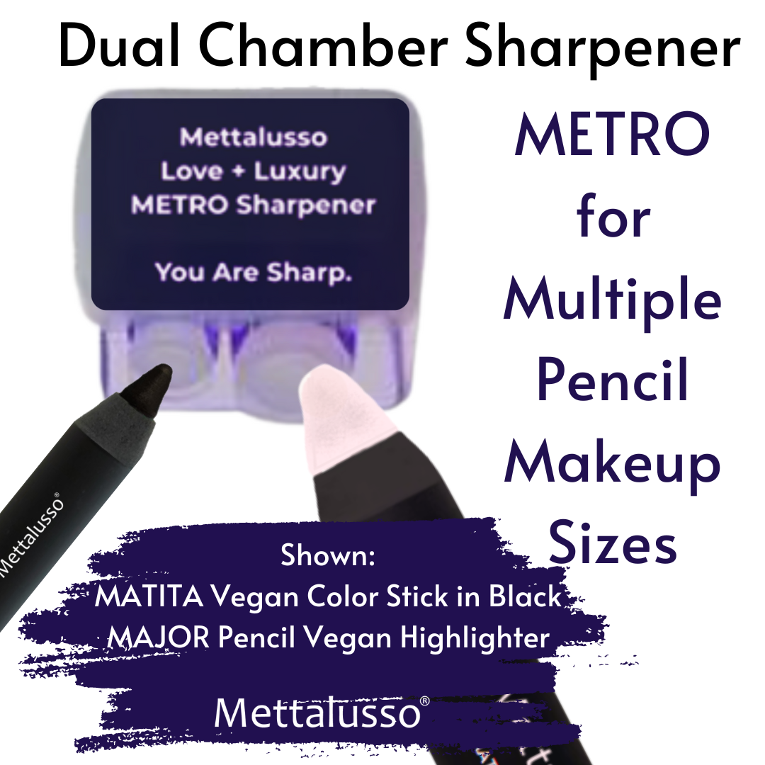 Mettalusso Metro Pencil Makeup Sharpener with Precision Blades and Dual Sizes with Closure Tabs for Shavings